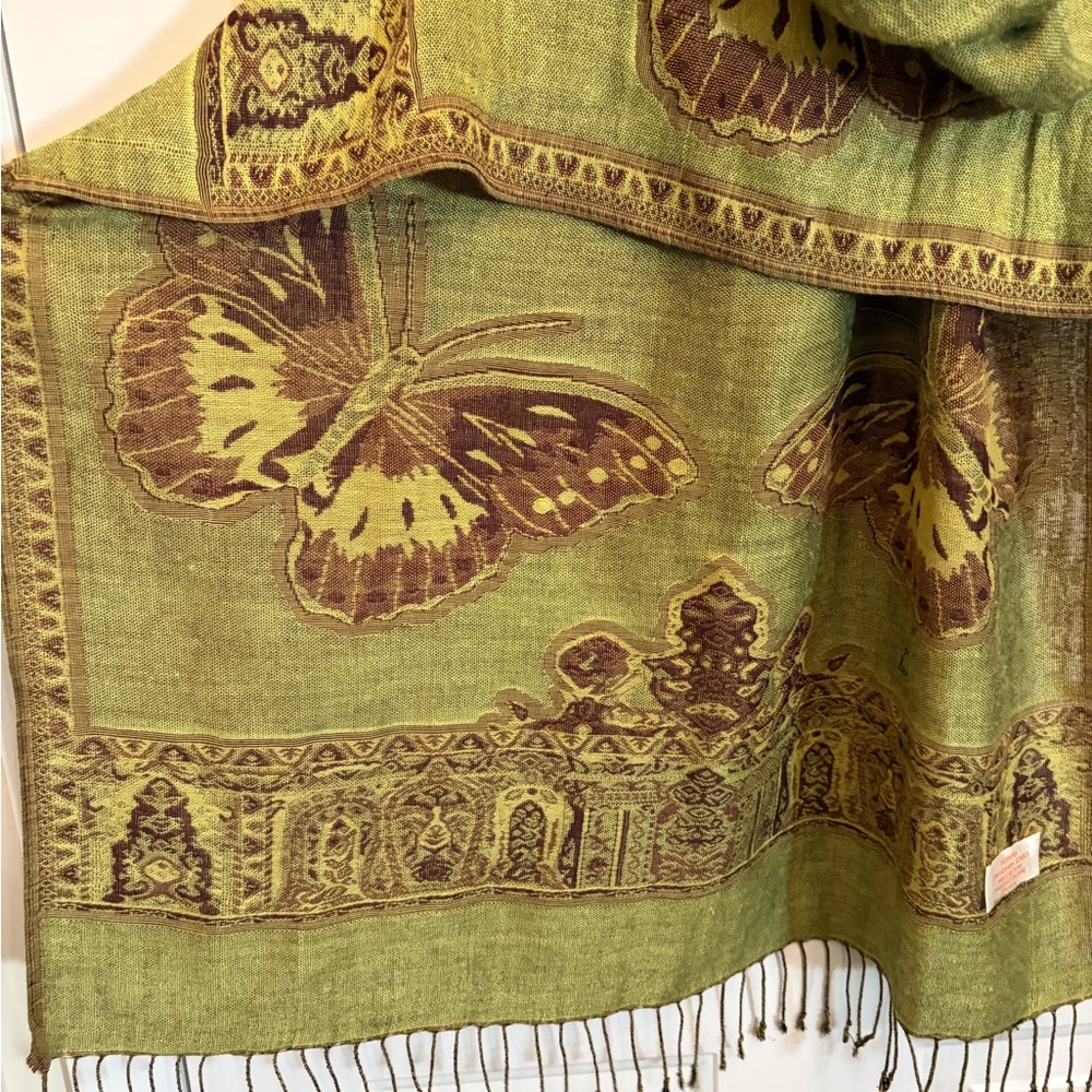 🦋Reversible Butterfly Silk-Blend Pashmina Wrap in Olive & Chocolate🦋Scarf - Picture 4 of 14